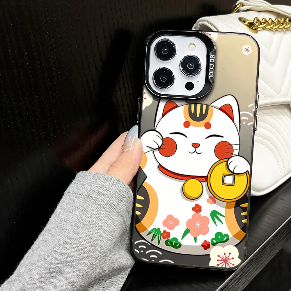 Maneki-neko Lucky Money Cat Cute Phone Case for iPhone 16 12 13 14 15 11 Max Pro Plus Laser IMD Color Shell