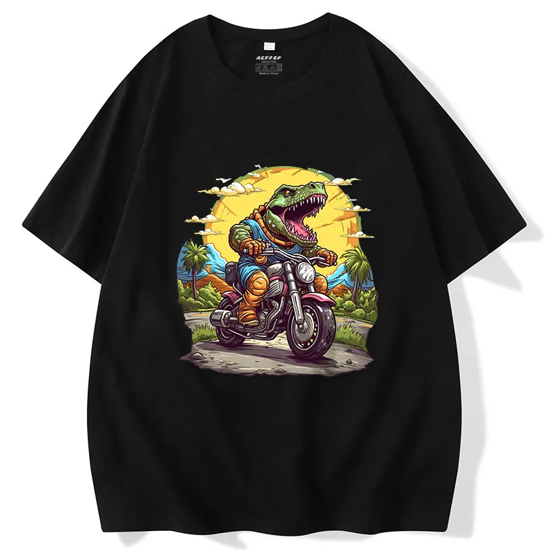 Retro Hipster Fashion T-Shirt Graffiti Dinosaur Pattern Short-Sleeved Motorcycle Bike Print Pure Cotton Unisex Kids Adults Tee