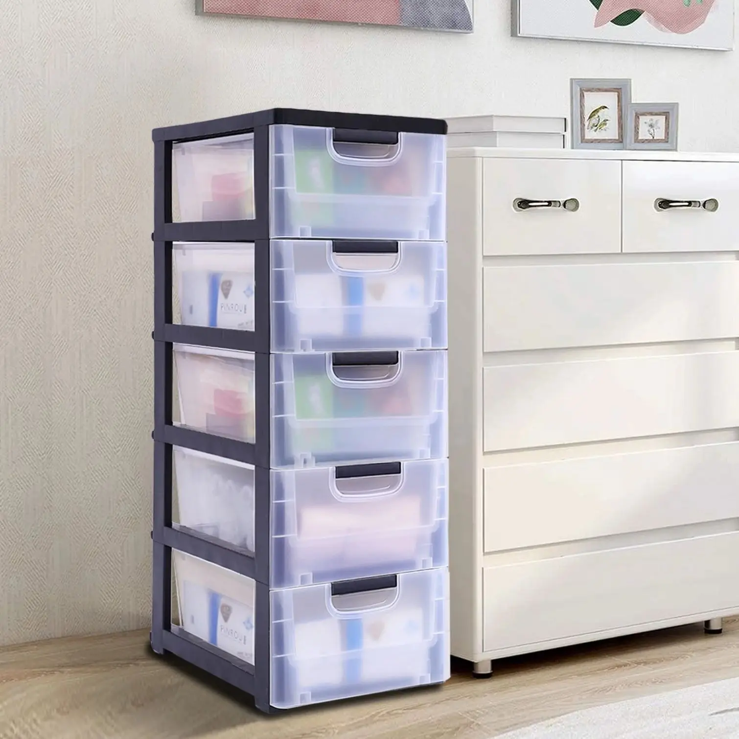 Floor Standing  Buffet Storage Cabinet with 5 Drawers Multipurpose Cabinet Bathroom Shelf Organization