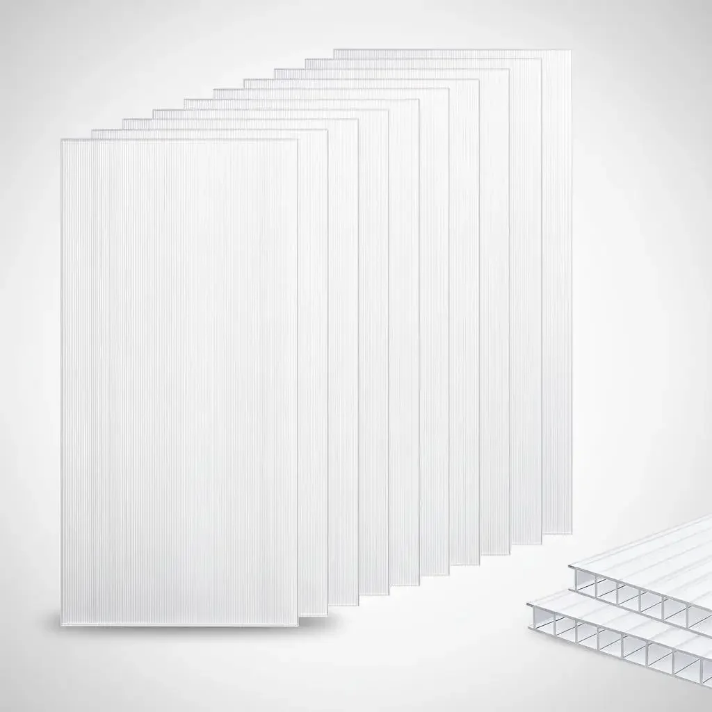 6/15PCS Twin-Wall Polycarbonate Greenhouse Panels 4FT X 2FT Light Transmission UV-Coated UV Resistant Anti-Yellowing, Hail Resistant, 20 PSF Snow Load, DIY Roofing