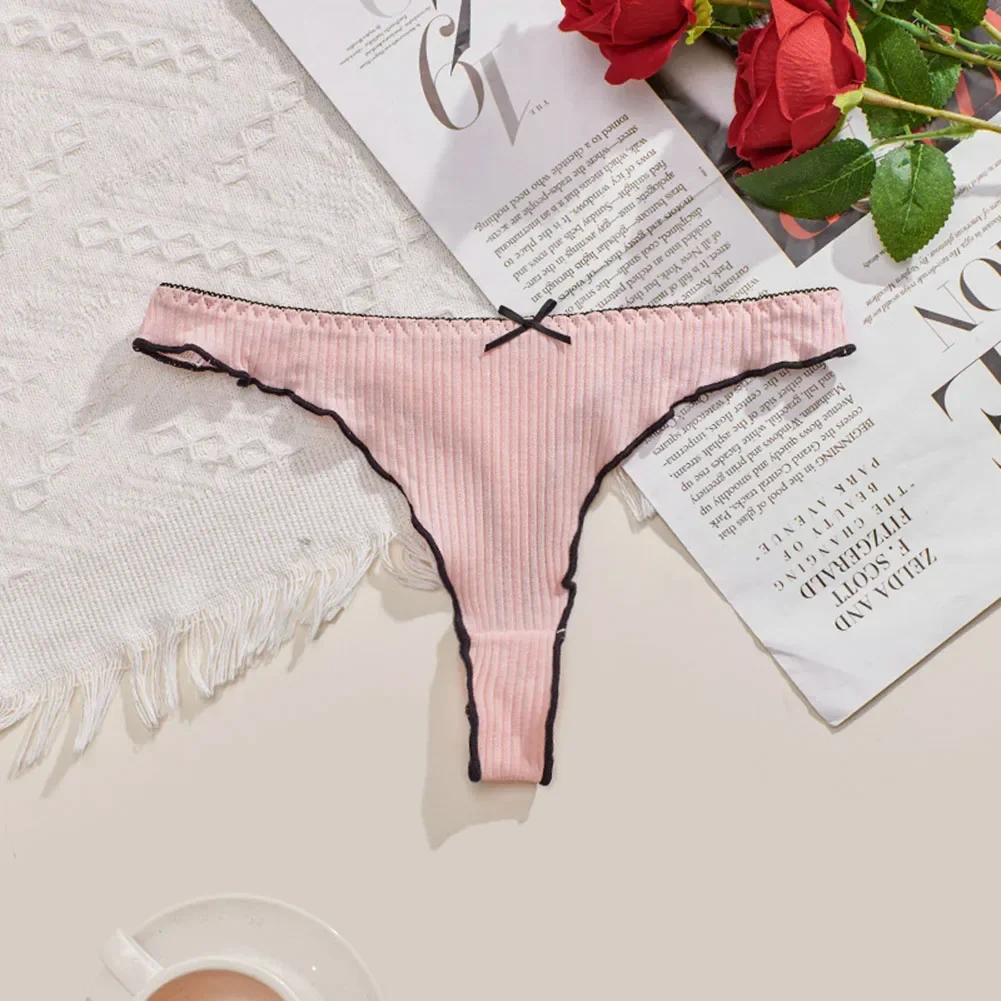 Sexy Women Stripe Slim Thin Tight Bow G-String Underpants Thong Solid Casual Briefs Underwear Lingerie Breathable Ladies T-back