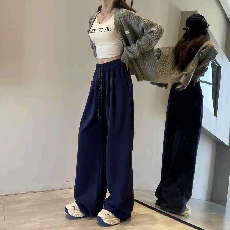 Women Casual Spring/Autumn Drawstring High-Waisted Loose Sweatpants Curved-Cut Sporty Draped Trousers