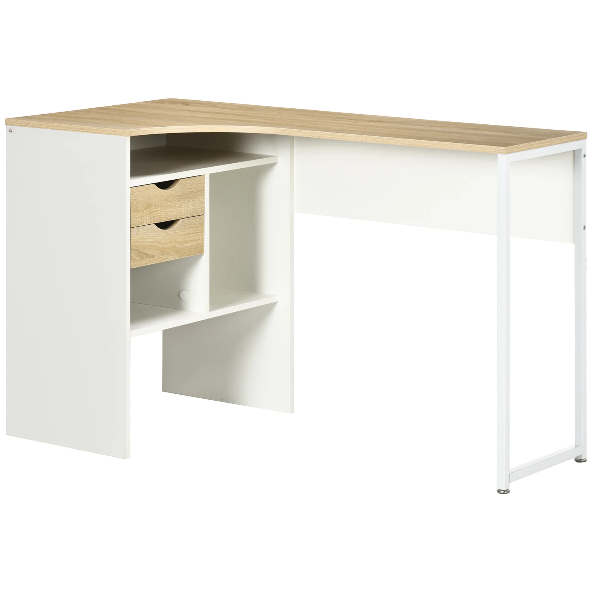 Escritorio de esquina en forma de L Homcom de 120 x 60 cm con 2 cajones y 3 compartimentos abiertos, mesa para ordenador para estudiar y trabajar, dormitorio y hogar, roble claro