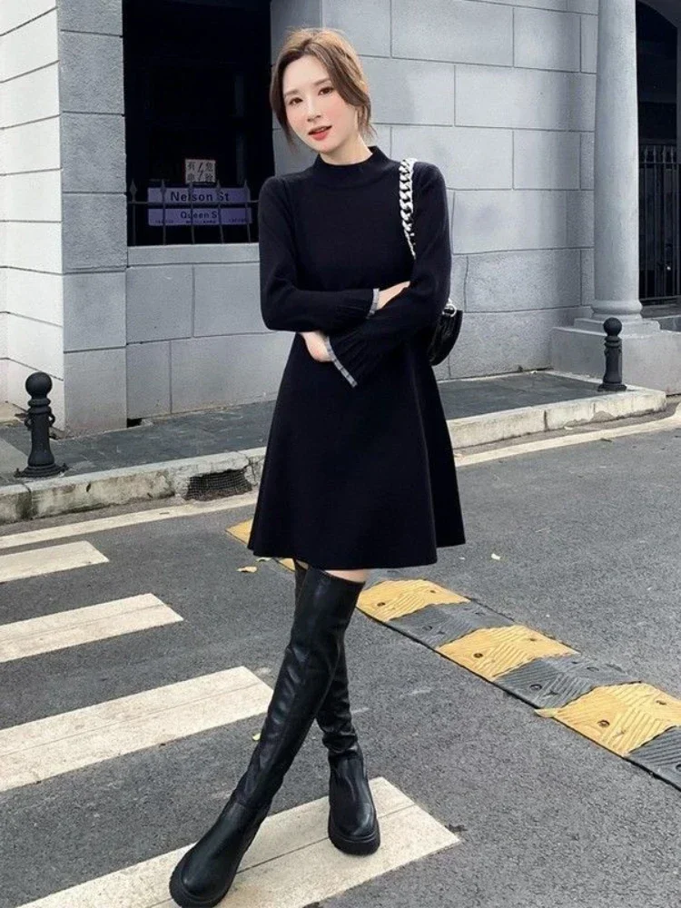 

Spring Autumn 2025 Korean Fashion Pleated Women's Crochet Dresses Extreme Mini Black Short Female Knit Dress Turtleneck Clothing