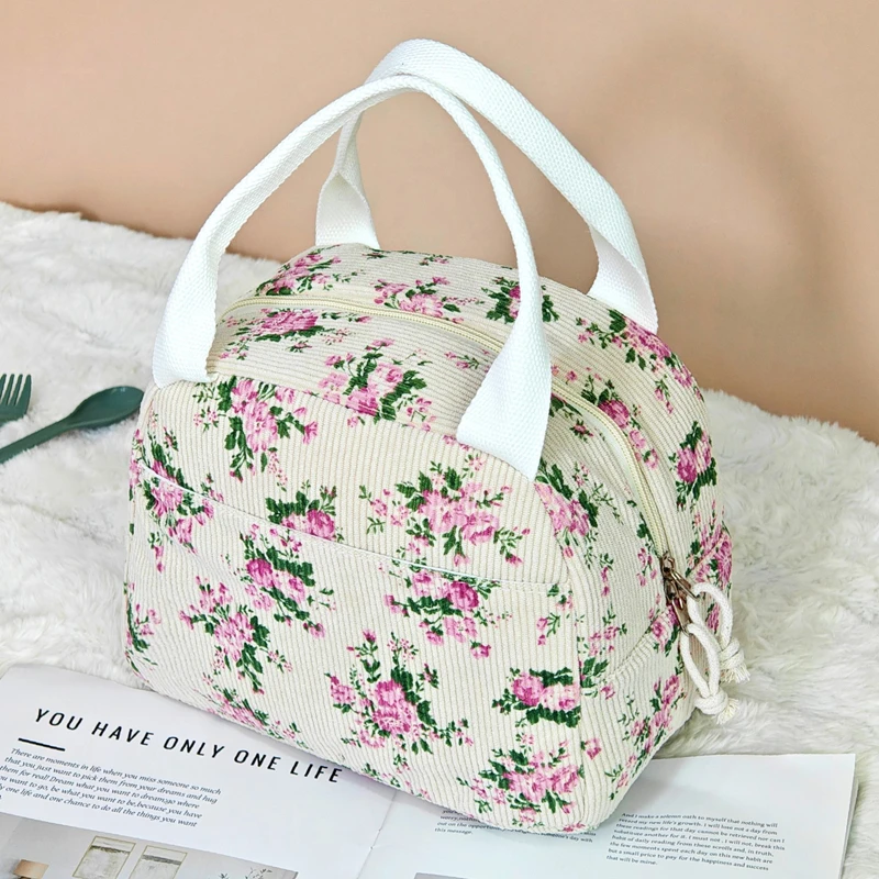 Floral Storage Bag Women's Handheld Multi functional Lunch Bag Large Capacity Portable Travel Zipper Makeup Bag