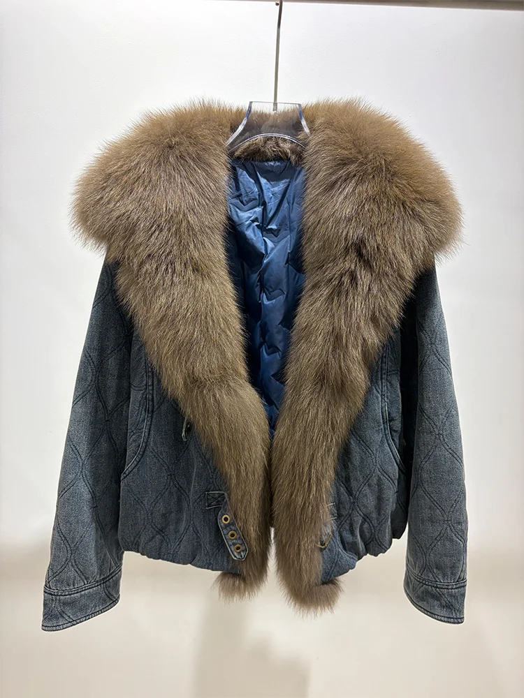 2026 New Fashion Vintage Women Goose Down Coat Natural Fox Fur Collar Thick Warm Winter Puffer Denim Jacket Outerwear