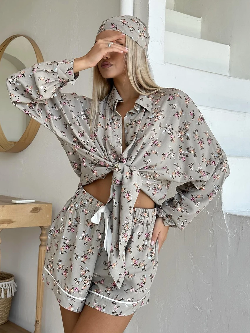 Marthaqiqi Printing Women Sleepwear Suit Long Sleeve Nightie Turn-Down Collar Pajamas Shorts Casual Ladies Nightwear 2 Piece Set