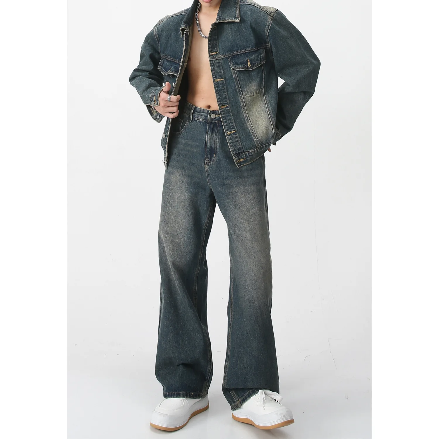 

2025 Men Set Two Pieces Pant Casual Loose Single Breasted Denim Jacket Cardigan Button Tracksuit Ankle Length Straight Jeans