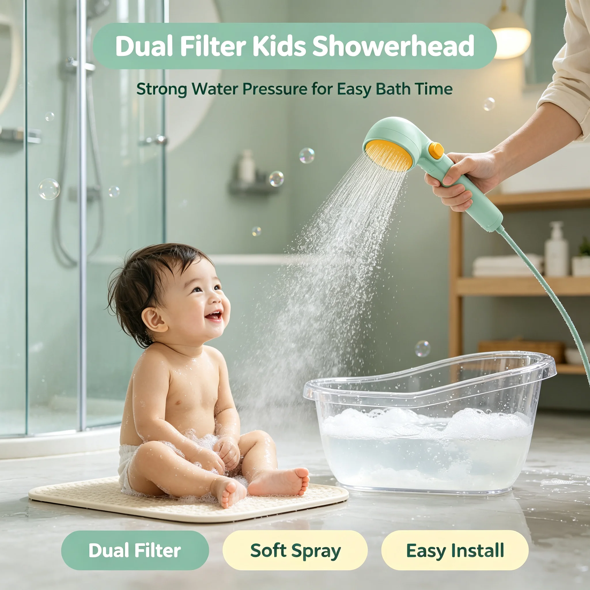 Portable Kids Filtered Showerhead Dual Inlet&Outlet Filter Soft Water Handheld Baby Shower Head for Infant Bathing Green Purple