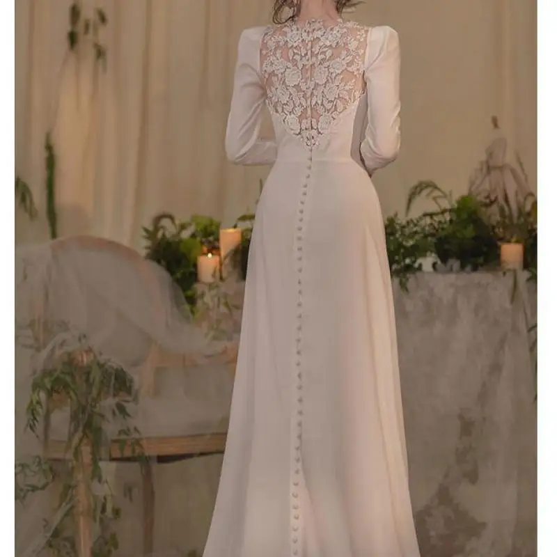 New Simple Wedding Dresses Classic V-neck Long Sleeve Bridal Dress With Small Train Elegant Lace Floral Print Dress Customized