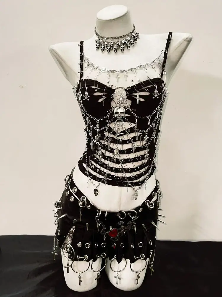 Original Harajuku Chain Gothic Vest Summer Y2K Hollowed-out Embroidered  Decorative Top with Straps Retro  Party Stage Clothes