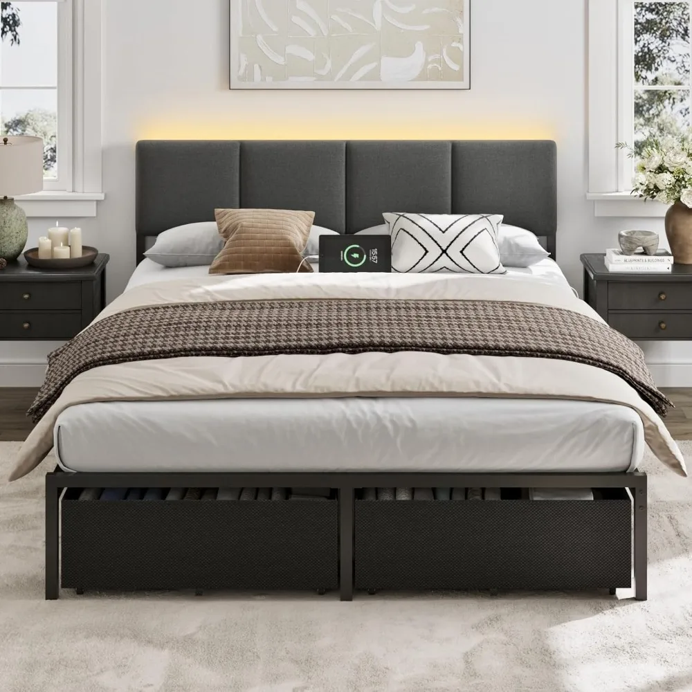 

Queen Bed Frame with Storage, Upholstered Bed Frame Queen Size with LED Light,USB Charging Station,Platform Bedframe wi