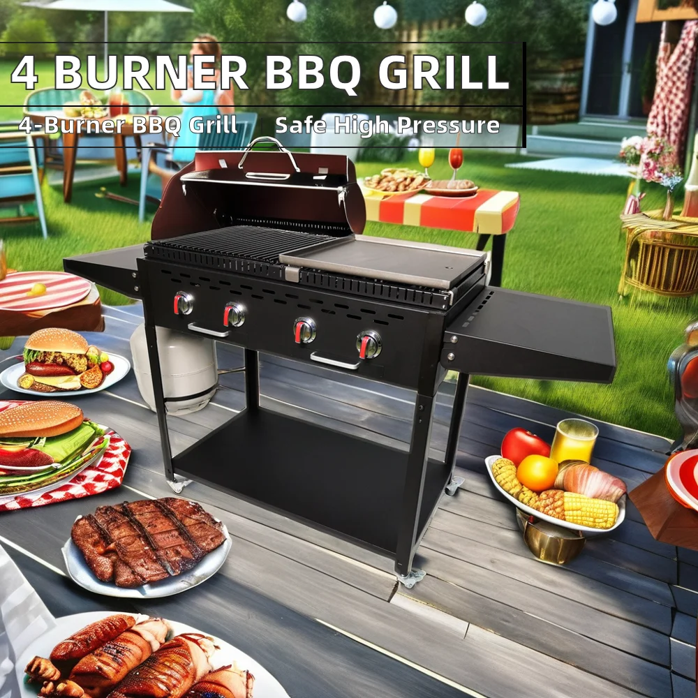 Modern 4-Burner Commercial BBQ Grill Propane Griddle Trolley Powder Coated Steel Piezo Ignition