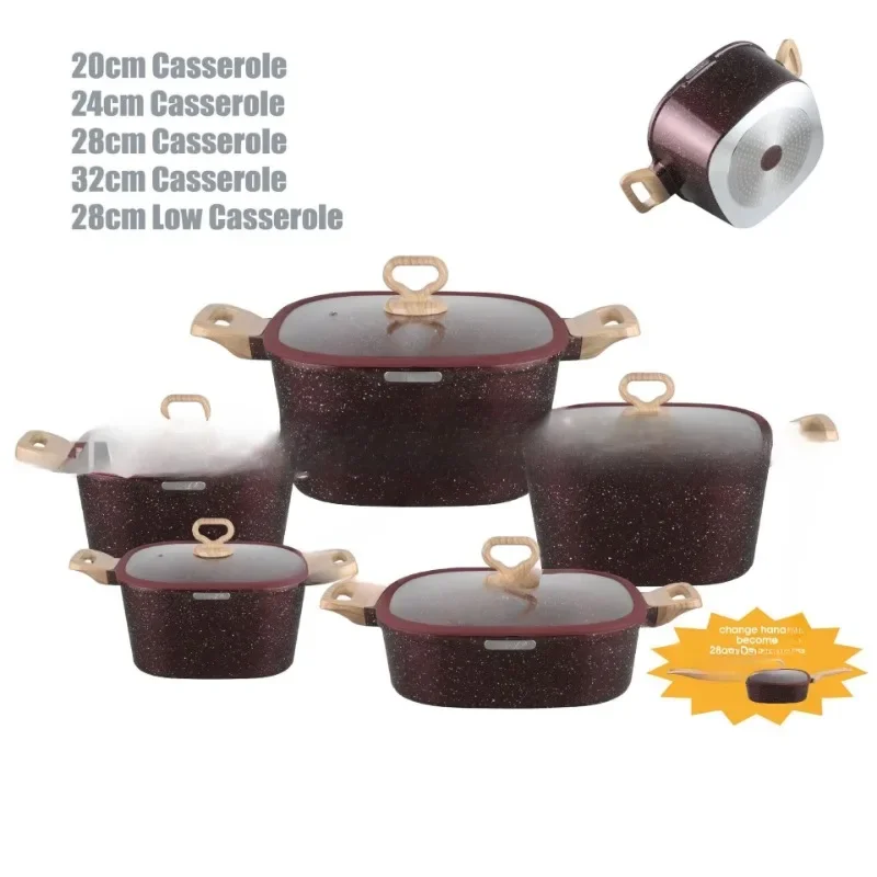 New square pot bottom 10-piece set, pot, glass lid sprinkle point, Maifanshi non-stick soup pot set