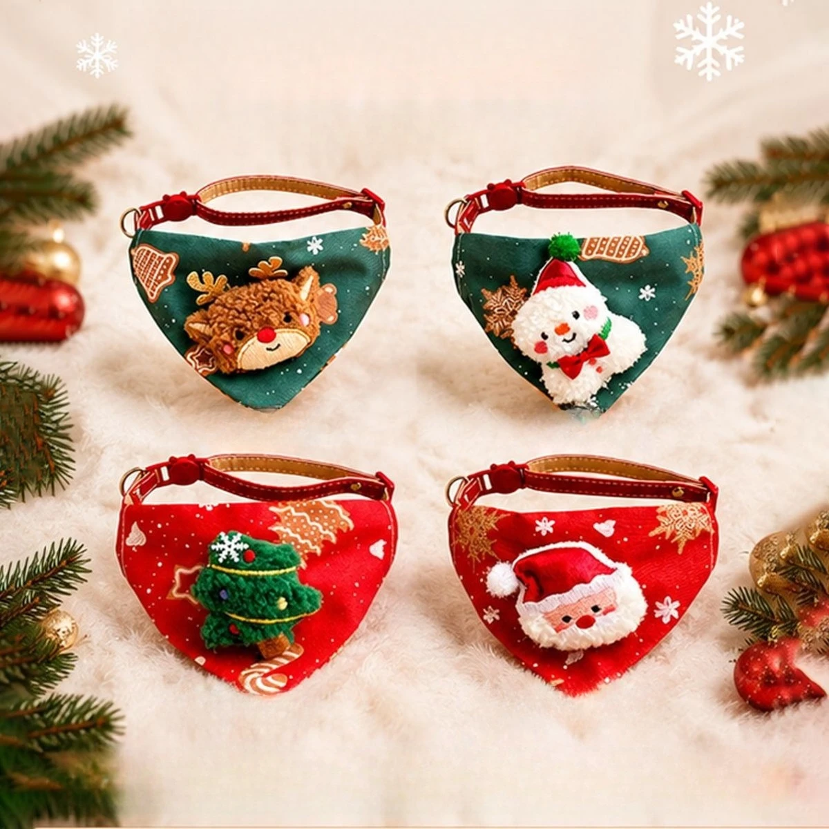 Pet Christmas Scarf and Tree Skirt Set Santa and Snowman Plaid Pet Headscarf with Matching Festive Home Decorations Xmas Dog Cat