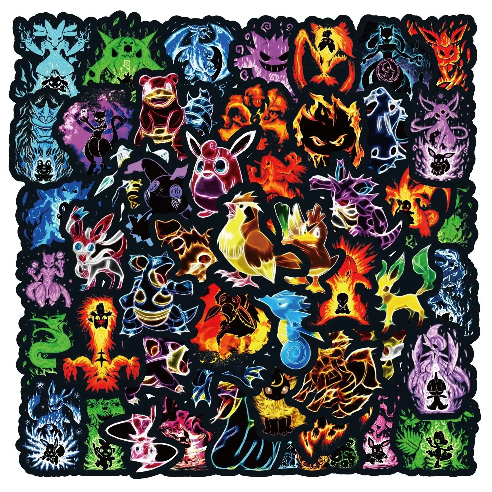 Autocollants Pokémon Neon Light Graffiti pour enfants, dessin animé, ordinateur portable, planche à roulettes, voiture, moto, bagage, décalcomanie, bricolage, 60 pièces