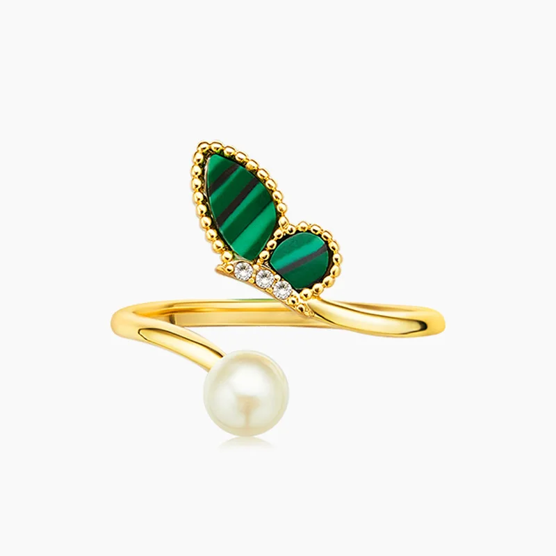 Irregular opening ring Women's ins geometric micro-inlaid malachite fashion temperament trendy jewelry ring