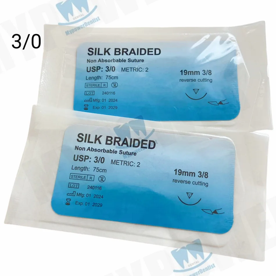 50Pieces Dental Suture Pure Silk Braided Non Absorbable Needled Train Sutures 3/4/5-0