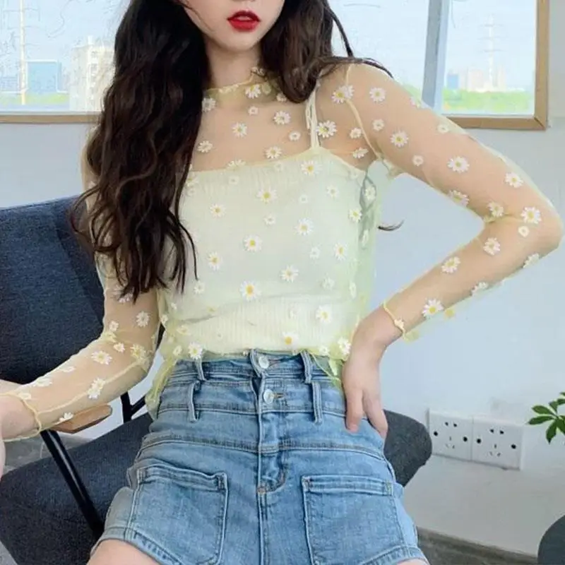 Floral Daisy Transparent Mesh Tops for Women Sexy Lace Long Sleeve Sheer Slim Ladies Turtleneck Tees See Through Tops Shirt