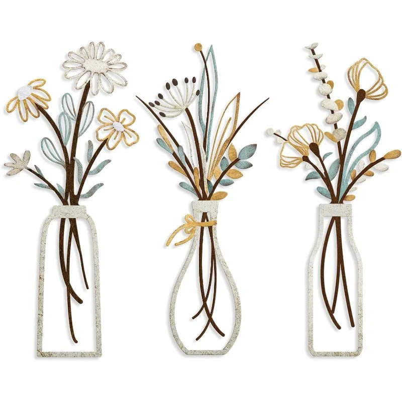 3pcs Metal Flowers Wall Decoration Crafts Rustic Style Minimalist Art Home Living Room Bathroom Bedroom Creativity Wall Hanging