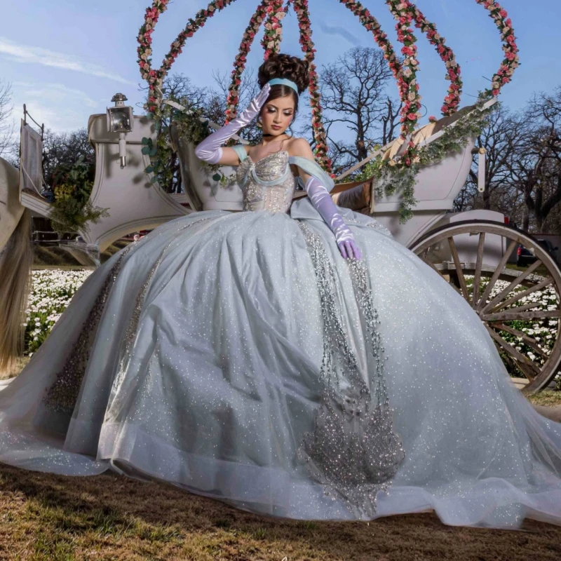 

Light Green Shiny Quinceanera Dresses Ball Gown Off The Shoulder Sequin Applique Lace Beading Crystal Tull Party Birthday Sweet