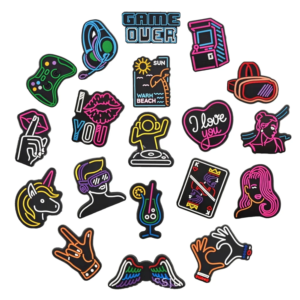 19Pcs Neon Game Trendy PVC Shoe Charms Set Waterproof Detachable Gamepad VR Glasses DIY Accessories For Clog Sandals Slides