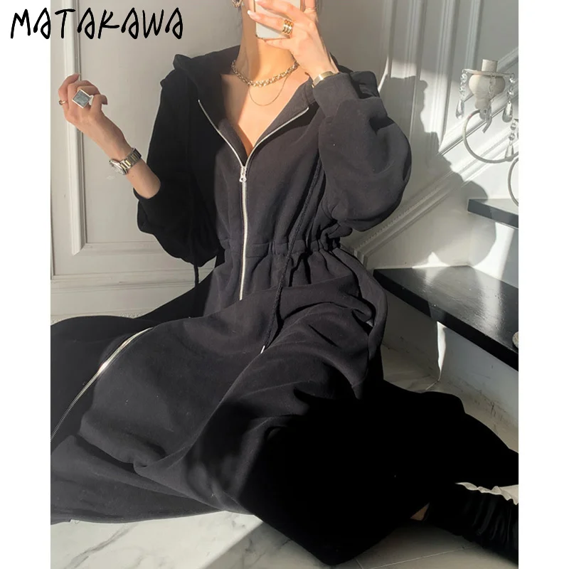 MATAKAWA Robe Korean Fashion Elegant Hooded Zipper Slim High Waist Cardigan Sweatshirt Dress Patchwork Vestidos Woman Clothes