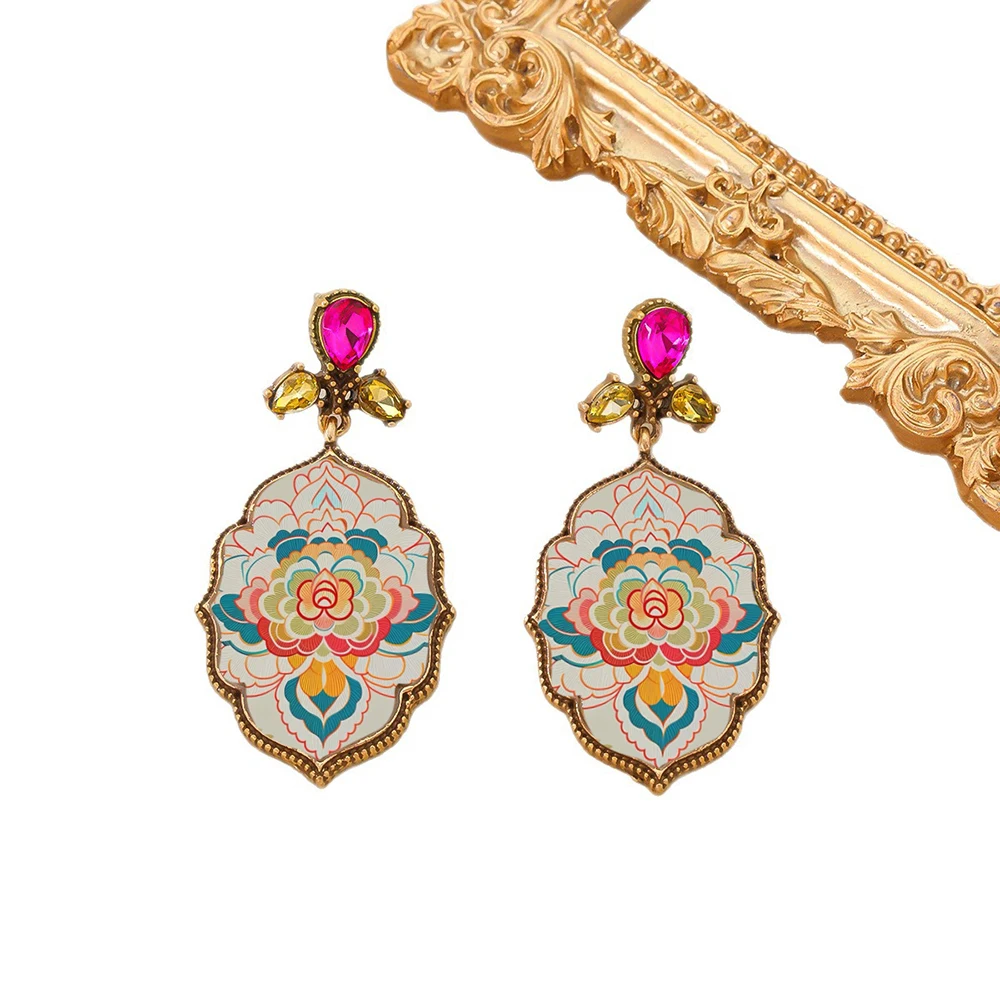 القرون الوسطى خمر ماندالا أقراط العتيقة مطلية بالذهب النفط اللوحة زهرة أقراط للنساء مجوهرات