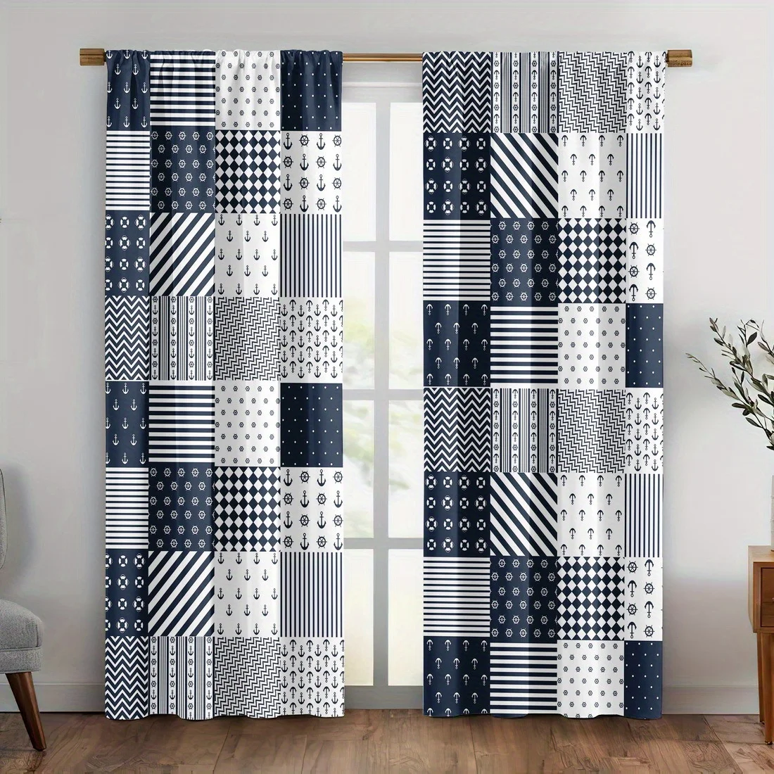 

2pc Navy blue and white anchor pattern curtains, polyester fabric, machine washable, suitable for living room and bedroom.
