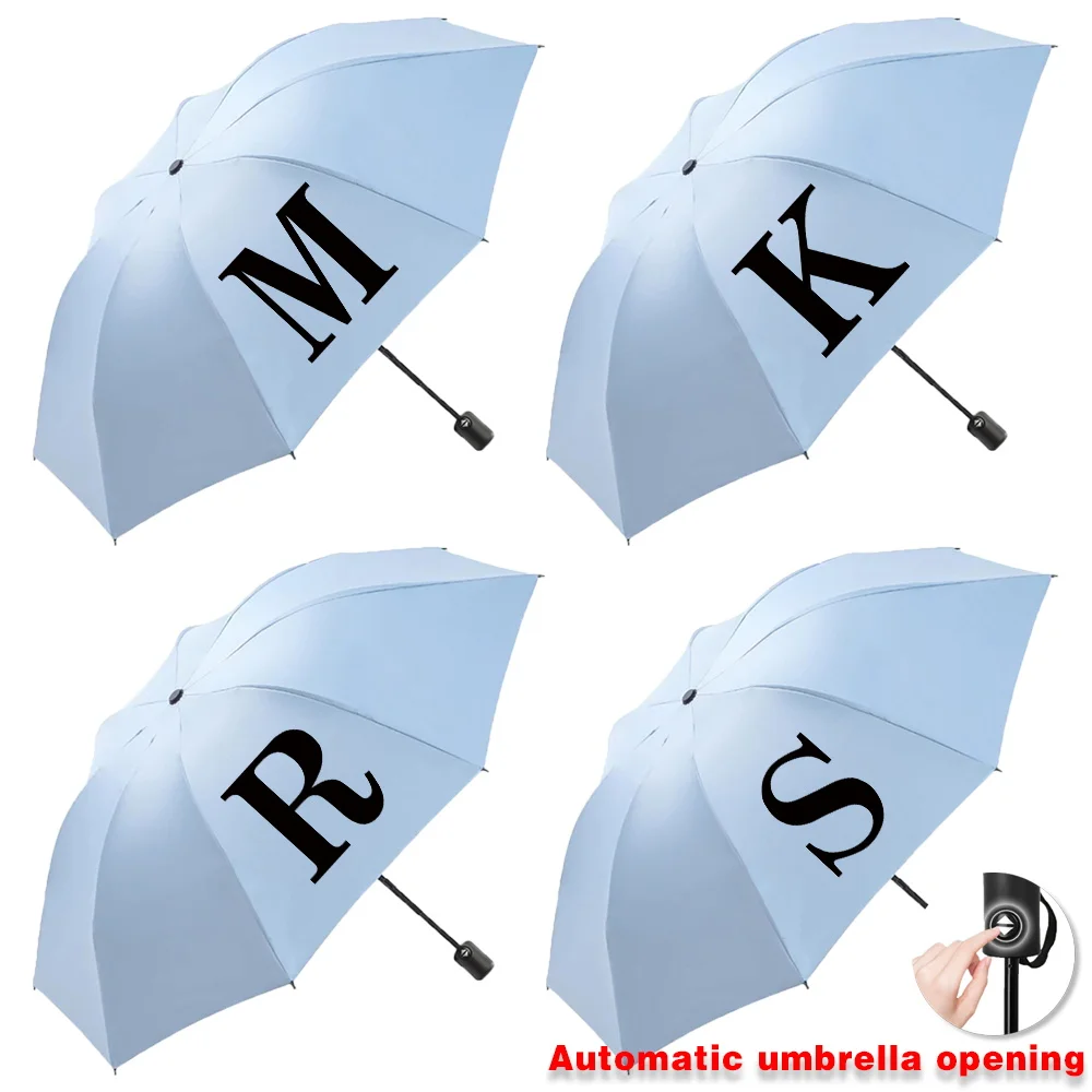 Automatic Umbrella Portable Sunshade Sunscreen Rain Umbrella Blue Handle Foldable Sun Rain Dual Use Black Printing Series Travel