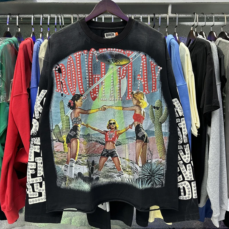 

American High Street ROUGHPLAY T-shirts Real Pictures Girl Playmate Print Wash Old Hole Rough Play Long Sleeve Top Tee