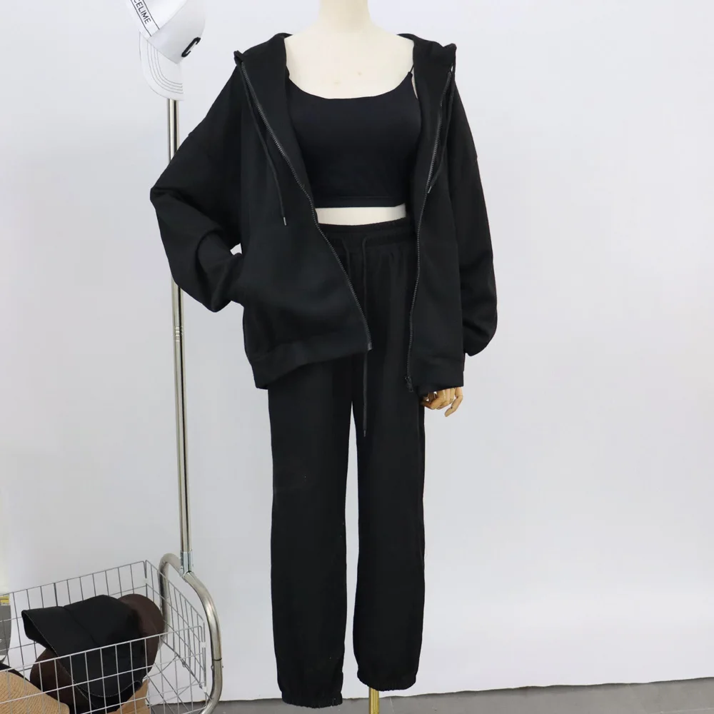 

Black Jacket Top + Long Pants 2 Pieces Set Trousers Casual Elasticated Waist 2024 Autumn/Winter Fashion Women'S Clothing Hooded