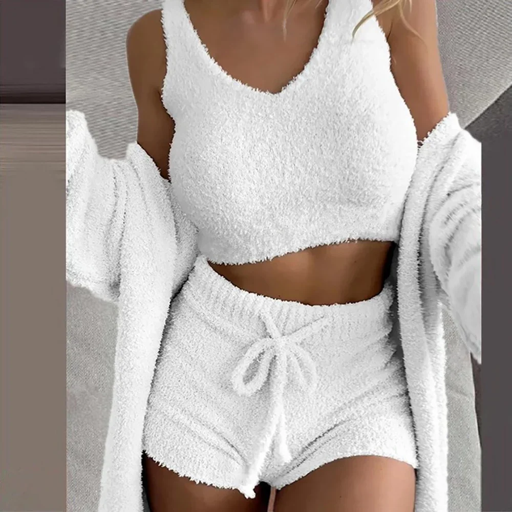

Plus Size Leisure Homsuit Autumn Winter Three Pieces Pijamas Casual Fluffy Pajamas Set for Women Sleepwear Tank Top and Shorts