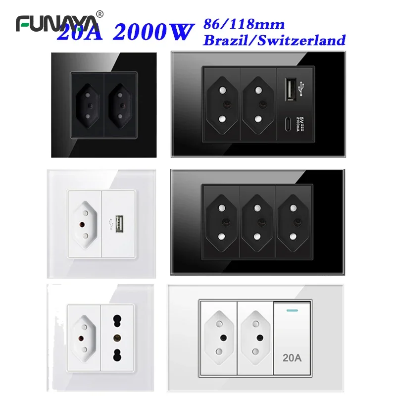 BR Switzerland Wall Electrical Socket 86 118mm 20A 2000W with Usb 1 2 Outlets AC110~250V Black White Glass Panel Power Sockets