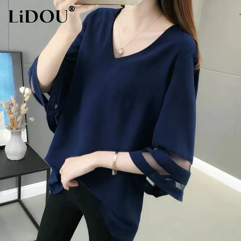 2024 Summer Solid V-neck Mesh Patchwork Loose Casual Shirt Top Women Half Sleeve Oversized Fashion Blusa Simple Pullover Blouse