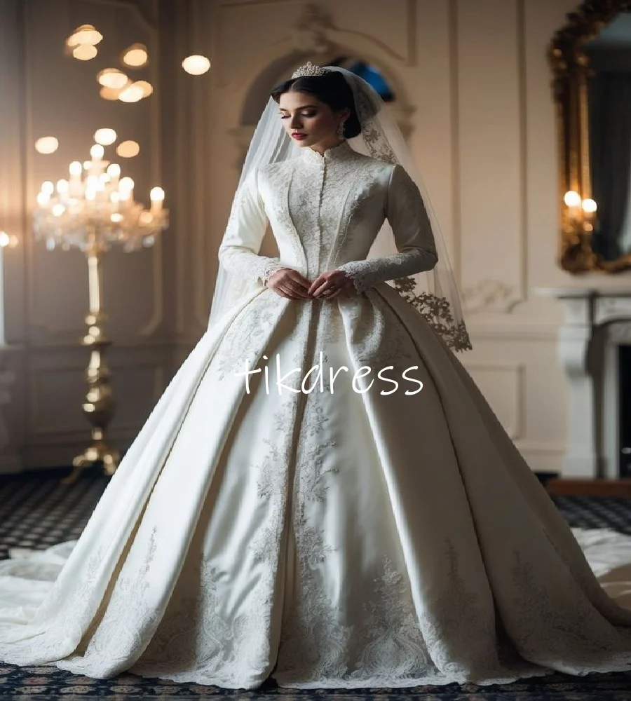 

Princess Muslim Wedding Dress With Lace Elegant High Neck Long Sleeve Noble Victoria Bridal Gown 2025 Queen Elizabet Customized