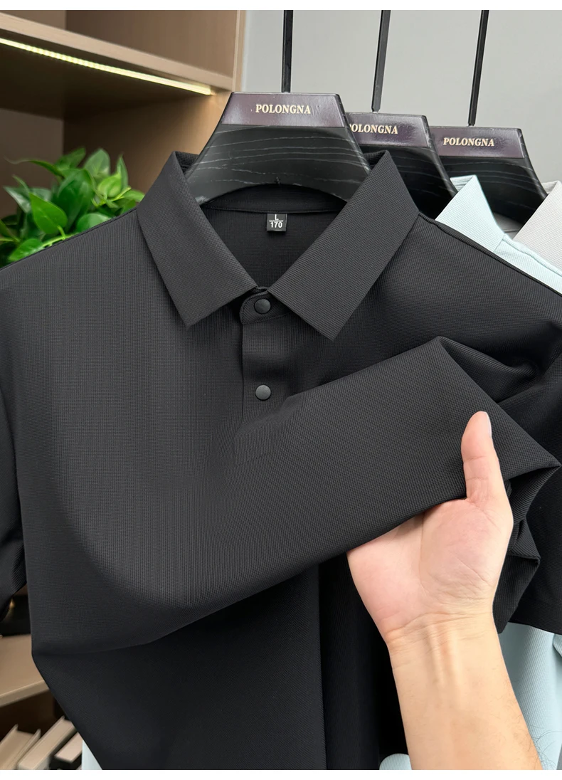 Modisches, einfarbiges Kurzarm-Poloshirt aus luxuriöser atmungsaktiver Eisseide für Herren Sommer Business Casual, bequem, vielseitig, T-Shirt – Detail 13