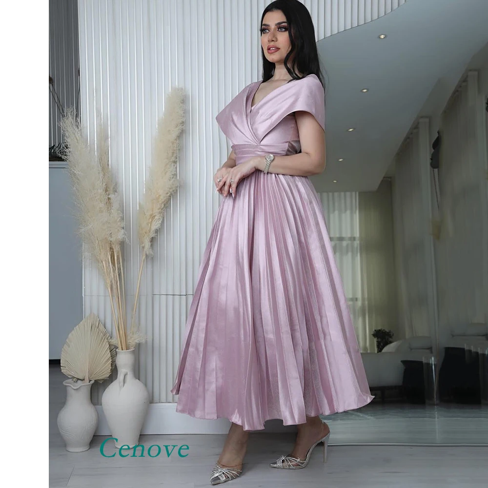 

Cenove V Neckline Short Sleeves Prom Dress A Line Long Length With Ruffle Evening Summer Elegant Party Dress For Women 2023