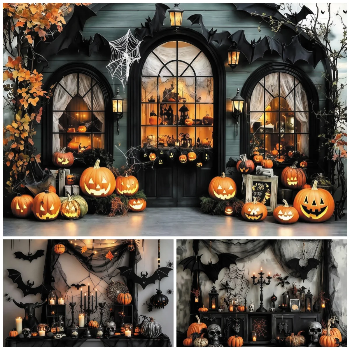 Horror Halloween Photography Background Pumpkin Bat Spider Web Kids Birthday Decoration Family Portrait Backdrop Photo Studio