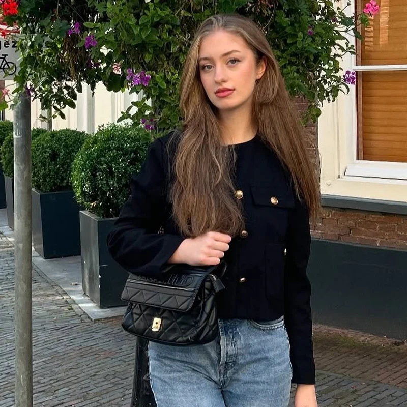 سترة نسائية لخريف 2025 سوداء مقصوصة بأكمام طويلة سترة قصيرة أنيقة للمكتب للسيدات ملابس خارجية غير رسمية بأزرار سترة علوية #3