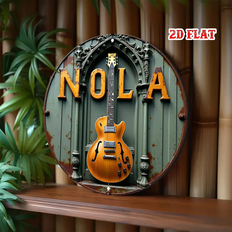 2D Flat, 1pc NOLA Guitar Round Aluminum Sign - Vintage Rustic Metal Wall Art, 7, 8x7, 8 Inch, Iconic New Orleans Music Theme view 4