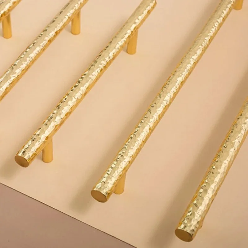 Gold Hammer Texture Solid Brass Cabinet Door Knobs and Handles Hardware Furniture Cupboard Wardrobe Drawer Pulls T Bar Handles