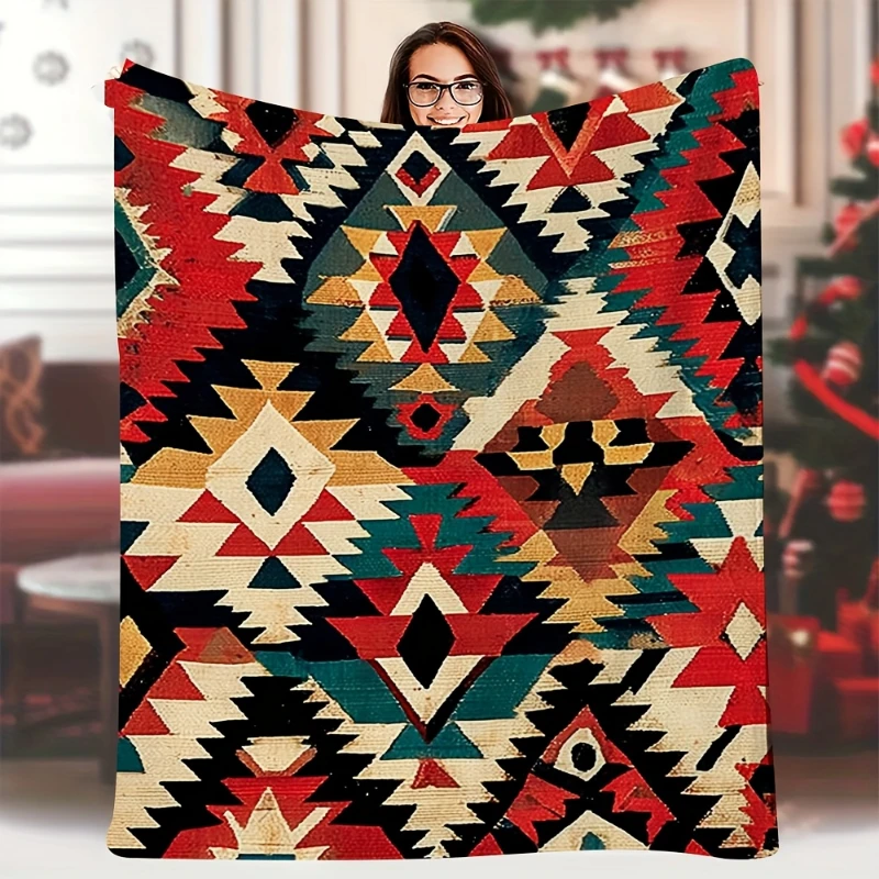 Boho Aztec Geometric Print Throw Blanket bedroom rest lounge window seat Blanket outdoor courtyard Birthday Anniversary gifts
