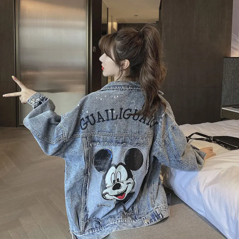 Miniso Disney Cartoon Streetwear Denim Jackets Mickey Mouse Print Harajuku Coats Button Oversized Outerwear Casual Women\'s Coats