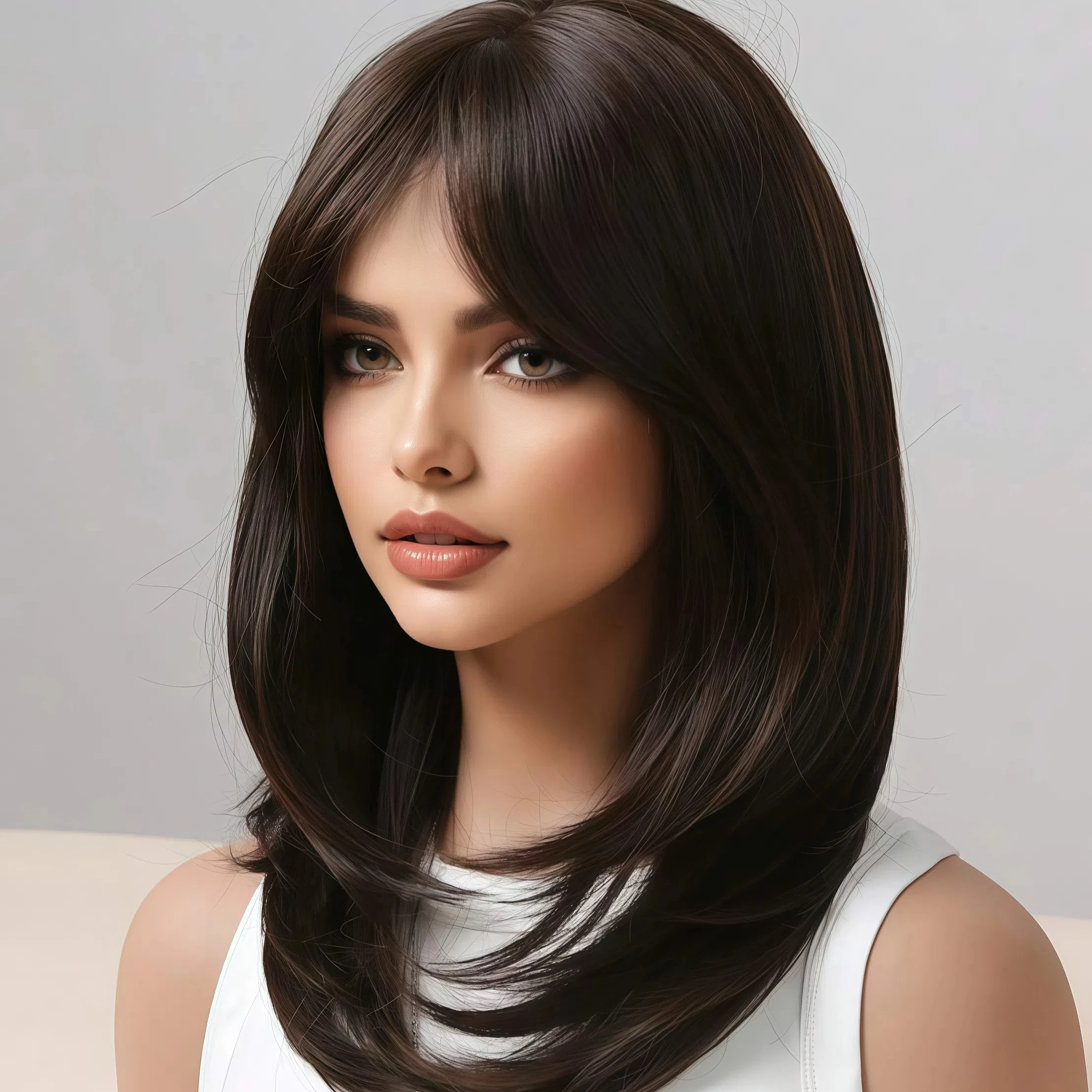 شعر صناعي مفرود بني متوسط الطول، طراز أوروبي وأمريكي للنساء مناسب للارتداء اليومي وأعياد الميلاد