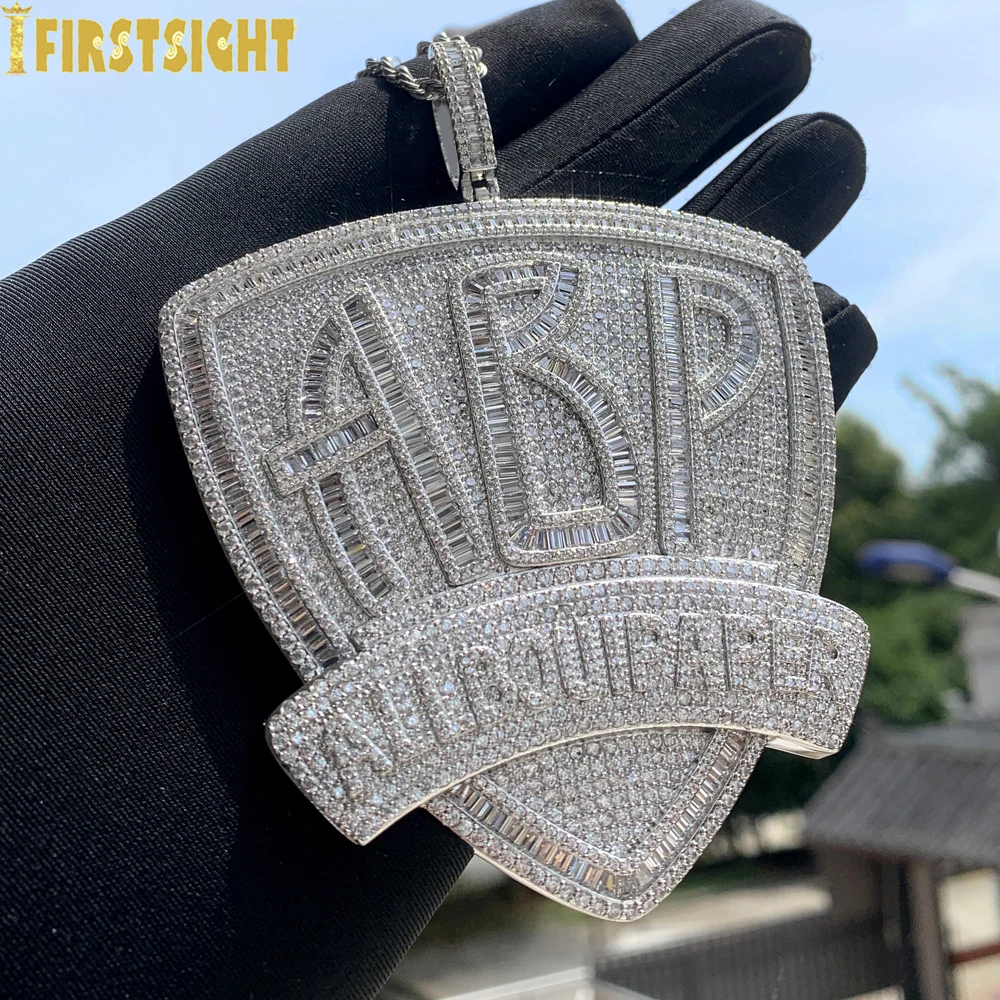 New Iced Out Bling CZ Letter ABP Pendant Necklace Full Cubic Zirconia All Bout Paper Badge Charm Men Fashion Hip Hop Jewelry