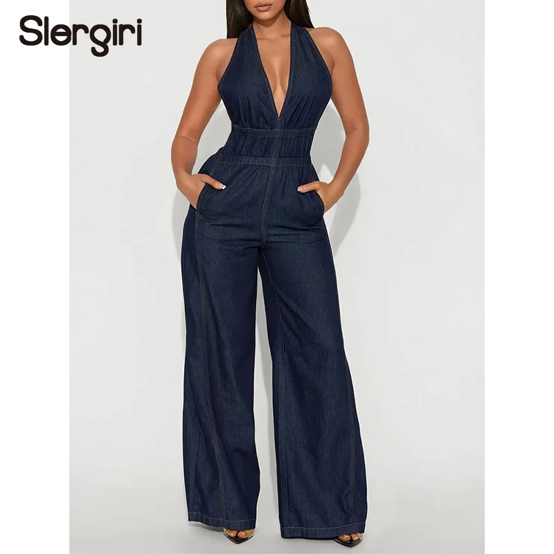 

Slergiri Sexy Deep V-Neck Sleeveless Denim Jumpsuit Women Fashion New 2026 Summer Club Party Tie Backless Wide Leg Jumpsuits