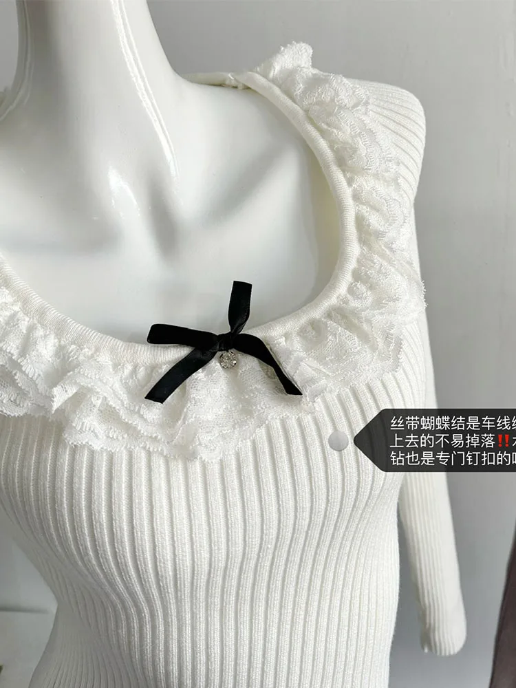 Sweet Sweater Women O-Neck Lace Bow Knitted Pullover Loose Korean Fashion Casual High Street Jumper Autumn Winter Preppy Style