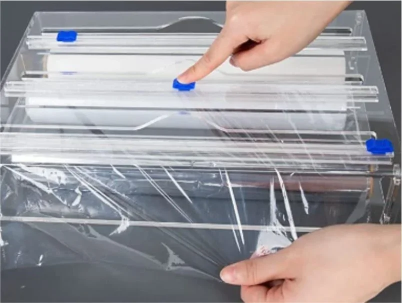 Hot 3 IN 1Acrylic  Wrap Dispenser with Cutter Food Wrap Cling Film Storage Organizer Acrylic Foil Organizer for Kitchen Drawer