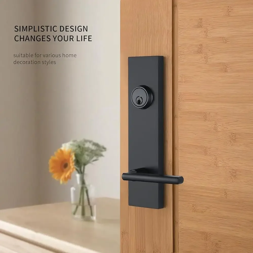 Matte Black Front Door Handle Set with Deadbolt Entry Lock Adjustable Latch Easy Installation 3 Keys Left Right Hand